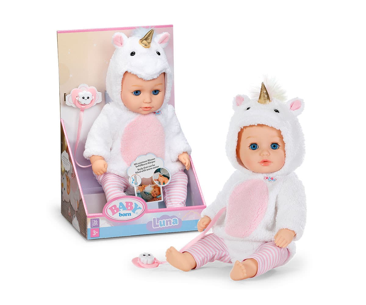 Baby Born - Загряващa кукла Luna с костюм на еднорог, 36 см