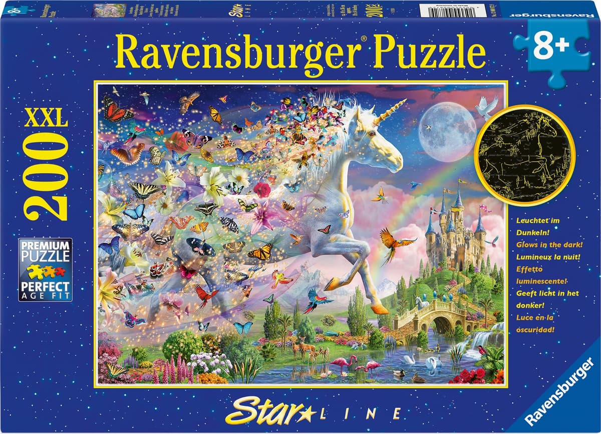 Ravensburger Glow-in-the-Dark 2D Puzzle 200 pcs XXL - Butterflies and Unicorn