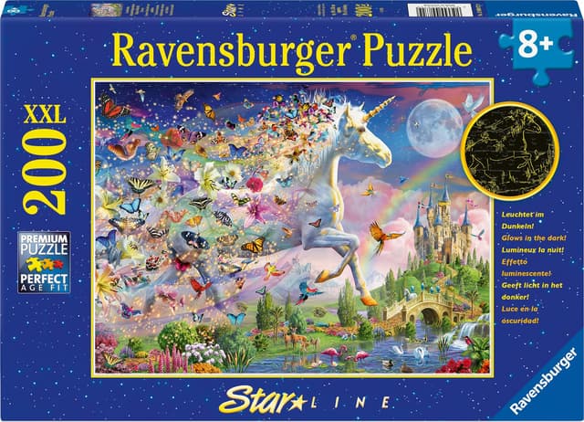 Светещ 2D пъзел Ravensburger 200 ел. XXL - Пеперуди и еднорог
