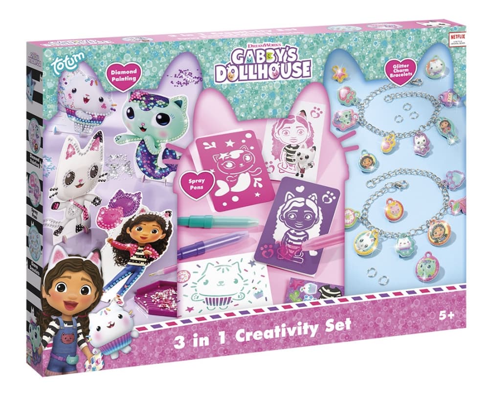 Craft Kit, Totum, Gabby′s Dollhouse, Glitter Bracelets + Spray Markers + Diamond Mosaic 3-in-1