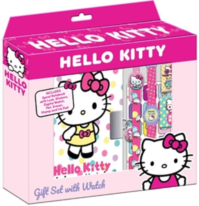 Hello Kitty Gift Set with Secret Diary with Padlock, Stamps, Ink Pad, Eraser, Sharpener, Clip Pen and Watch 22x26x5