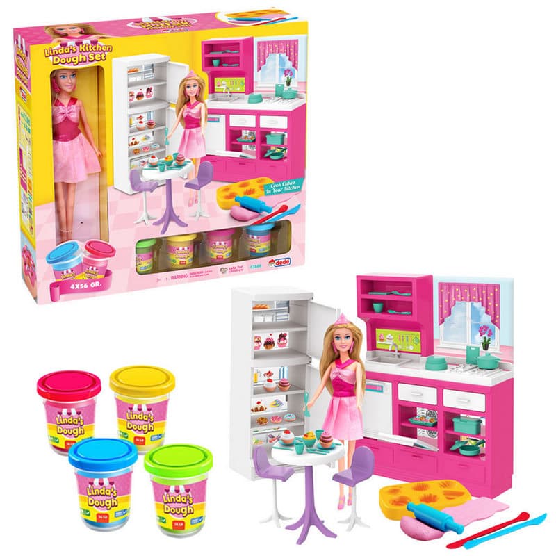 Linda's Kitchen with Doll and Opening Drawers and Cabinets with Moulds and Play Dough 48x38x10