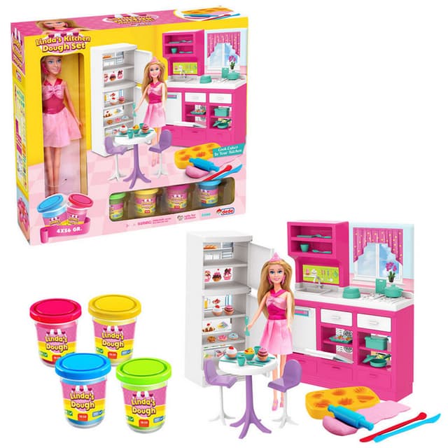 Linda's Kitchen with Doll and Opening Drawers and Cabinets with Moulds and Play Dough 48x38x10