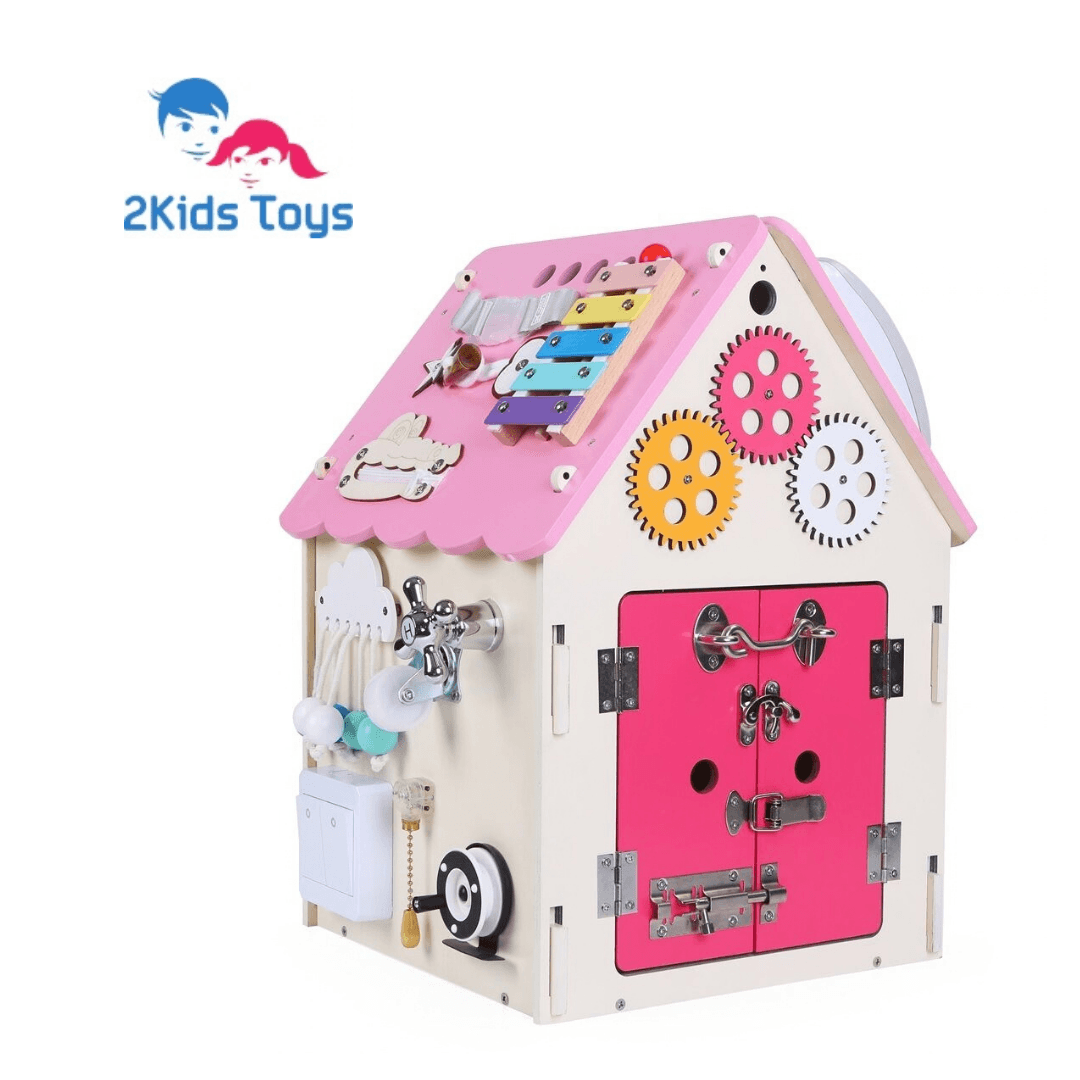 2Kids Toys Дървена занимателна дъска/ бизи борд Монтесори House, розова
